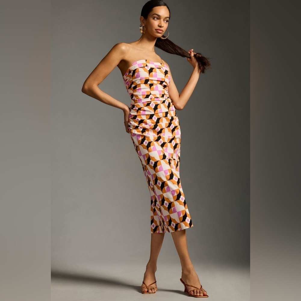 Anthropologie‎ Printed Strapless Slim Ruched Geometric Print Dress​​​​ - Picture 9 of 10